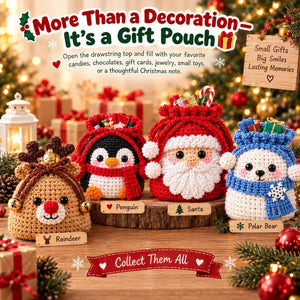 Handmade Crochet Christmas Gift Pouch | Cute Character Drawstring Treat Bag, Reusable Holiday Candy & Small Gift Sack for Christmas Decor & Gift Giving