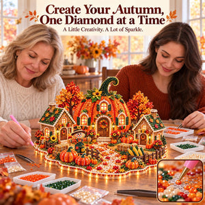3D Diamond Art Autumn Village Kit, DIY Pumpkin House Craft Set with LED Light, Thanksgiving Fall Harvest Table Decor, Handmade Gift for Craft Lovers