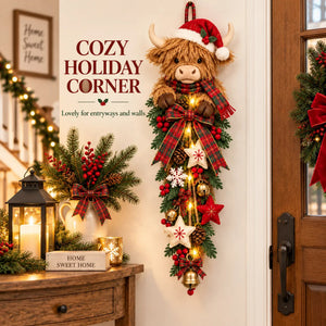 Highland Cow Christmas Door Swag, Farmhouse Style Christmas Wall Hanging Decor