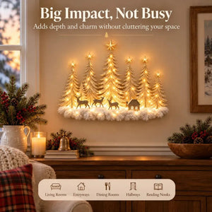 Warm LED Lighted Christmas Tree Forest Wall Hanging, Winter Snow Scene Wall Decor with Deer, Small House for Fireplace Mantel Holiday Decoration
