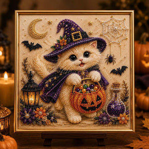 Halloween Wizard Pet Diamond Painting Kit, 20×20cm Cute Black Cat DIY Rhinestone Art, Animal Witch Diamond Art Set for Home Wall Decor Holiday Gift