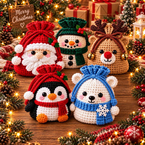 Handmade Crochet Christmas Gift Pouch | Cute Character Drawstring Treat Bag, Reusable Holiday Candy & Small Gift Sack for Christmas Decor & Gift Giving