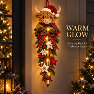 Highland Cow Christmas Door Swag, Farmhouse Style Christmas Wall Hanging Decor