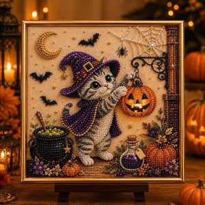 Halloween Wizard Pet Diamond Painting Kit, 20×20cm Cute Black Cat DIY Rhinestone Art, Animal Witch Diamond Art Set for Home Wall Decor Holiday Gift