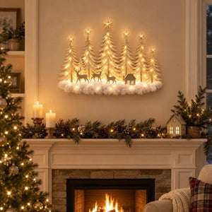 Warm LED Lighted Christmas Tree Forest Wall Hanging, Winter Snow Scene Wall Decor with Deer, Small House for Fireplace Mantel Holiday Decoration