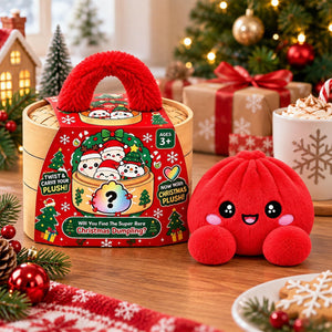 Christmas Mystery Dumpling Plush Toy, Cute Collectible Surprise Blind Box Plush with Steamer Gift Box, Holiday Stuffer Gift for Kids & Plush Lovers