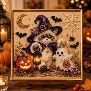 Halloween Wizard Pet Diamond Painting Kit, 20×20cm Cute Black Cat DIY Rhinestone Art, Animal Witch Diamond Art Set for Home Wall Decor Holiday Gift