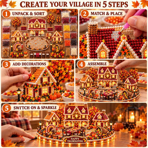 3D Diamond Art Autumn Village Kit, DIY Pumpkin House Craft Set with LED Light, Thanksgiving Fall Harvest Table Decor, Handmade Gift for Craft Lovers