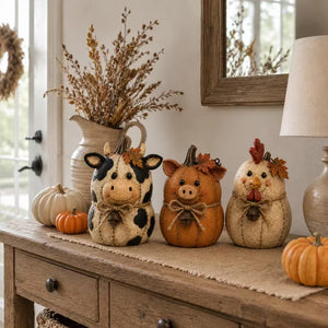 Fall Farm Animal Pumpkin Felt Ornament, Cute Cow Pig Chicken Pumpkin Figurine for Thanksgiving Harvest Home Decor & Gift
