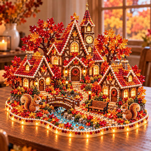 3D Diamond Art Autumn Village Kit, DIY Pumpkin House Craft Set with LED Light, Thanksgiving Fall Harvest Table Decor, Handmade Gift for Craft Lovers