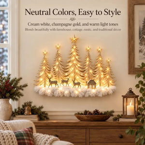 Warm LED Lighted Christmas Tree Forest Wall Hanging, Winter Snow Scene Wall Decor with Deer, Small House for Fireplace Mantel Holiday Decoration