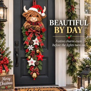 Highland Cow Christmas Door Swag, Farmhouse Style Christmas Wall Hanging Decor