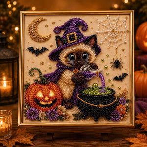 Halloween Wizard Pet Diamond Painting Kit, 20×20cm Cute Black Cat DIY Rhinestone Art, Animal Witch Diamond Art Set for Home Wall Decor Holiday Gift