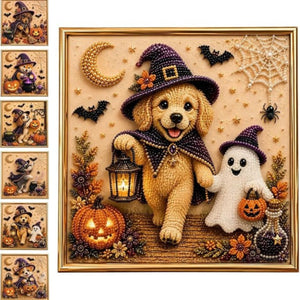 Halloween Wizard Pet Diamond Painting Kit, 20×20cm Cute Black Cat DIY Rhinestone Art, Animal Witch Diamond Art Set for Home Wall Decor Holiday Gift