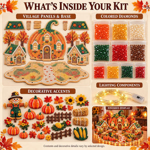 3D Diamond Art Autumn Village Kit, DIY Pumpkin House Craft Set with LED Light, Thanksgiving Fall Harvest Table Decor, Handmade Gift for Craft Lovers