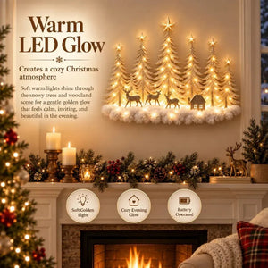 Warm LED Lighted Christmas Tree Forest Wall Hanging, Winter Snow Scene Wall Decor with Deer, Small House for Fireplace Mantel Holiday Decoration