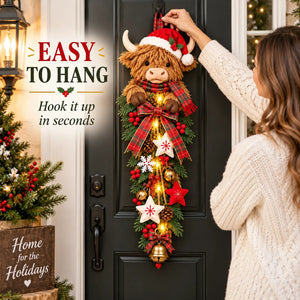 Highland Cow Christmas Door Swag, Farmhouse Style Christmas Wall Hanging Decor