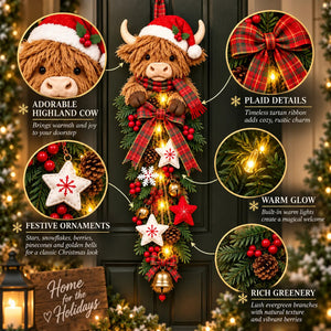 Highland Cow Christmas Door Swag, Farmhouse Style Christmas Wall Hanging Decor
