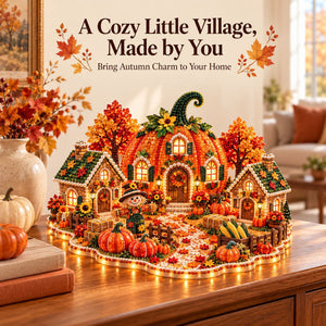 3D Diamond Art Autumn Village Kit, DIY Pumpkin House Craft Set with LED Light, Thanksgiving Fall Harvest Table Decor, Handmade Gift for Craft Lovers