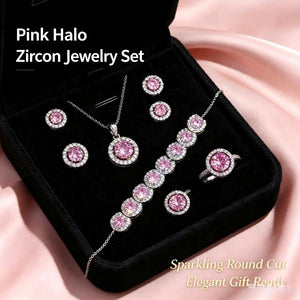 4 Piece Pink Cubic Zirconia Halo Jewelry Set for Women | Silver Tone Pendant Necklace Tennis Bracelet Stud Earrings Promise Ring | Birthday Anniversary Bridesmaid Gift