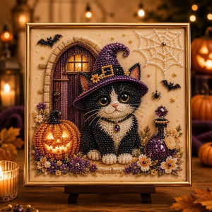 Halloween Wizard Pet Diamond Painting Kit, 20×20cm Cute Black Cat DIY Rhinestone Art, Animal Witch Diamond Art Set for Home Wall Decor Holiday Gift