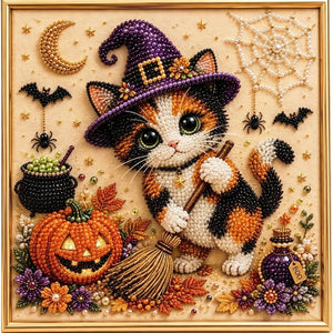 Halloween Wizard Pet Diamond Painting Kit, 20×20cm Cute Black Cat DIY Rhinestone Art, Animal Witch Diamond Art Set for Home Wall Decor Holiday Gift
