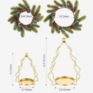 Gold Tree Shaped Metal Candle Holder with Pine & Berry Wreath, Christmas Table Centerpiece Decor