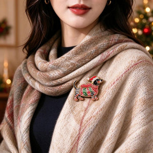 Christmas Dachshund Brooch, Enamel Rhinestone Sausage Dog Pin for Shawl, Coat and Scarf, Holiday Gift