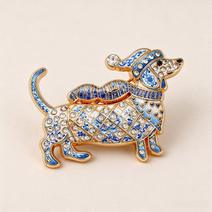 Christmas Dachshund Brooch, Enamel Rhinestone Sausage Dog Pin for Shawl, Coat and Scarf, Holiday Gift