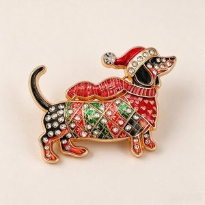 Christmas Dachshund Brooch, Enamel Rhinestone Sausage Dog Pin for Shawl, Coat and Scarf, Holiday Gift
