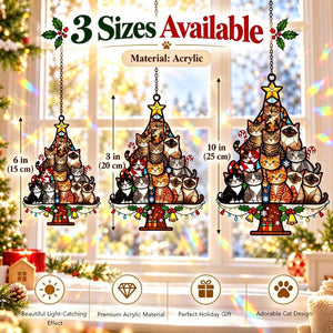 Cat Tree Suncatcher | Stained Glass Style Acrylic Christmas Window Decor for Cat Lovers