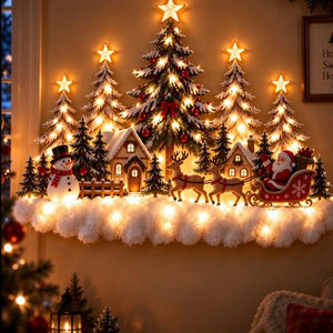 Warm LED Lighted Christmas Tree Forest Wall Hanging, Winter Snow Scene Wall Decor with Deer, Small House for Fireplace Mantel Holiday Decoration