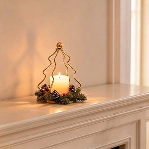 Gold Tree Shaped Metal Candle Holder with Pine & Berry Wreath, Christmas Table Centerpiece Decor