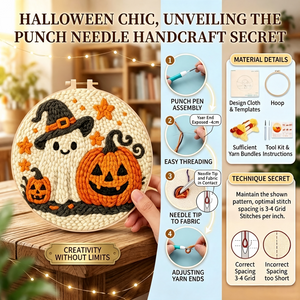 Punch Needle Embroidery Kit, Cute Ghost & Pumpkin Halloween DIY Craft Set for Beginner, Handmade Embroidery Hoop Wall Decor