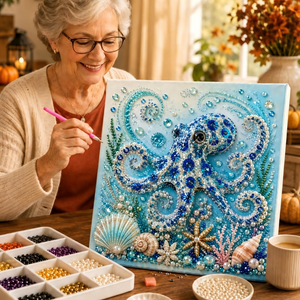 Octopus Diamond Painting DIY Kit 20×20cm, Available in Stretched Canvas with Frame & Unstretched Canvas No Frame Versions