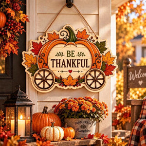 Fall Thanksgiving Wooden Door Hanger Sign, Farmhouse Harvest Pumpkin Cart Wall Hanging Decor for Front Porch Home Thanksgiving Party Decorations