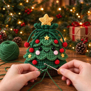 Handmade Crochet Christmas Gift Pouch | Cute Character Drawstring Treat Bag, Reusable Holiday Candy & Small Gift Sack for Christmas Decor & Gift Giving