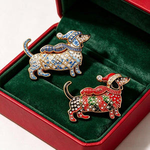 Christmas Dachshund Brooch, Enamel Rhinestone Sausage Dog Pin for Shawl, Coat and Scarf, Holiday Gift