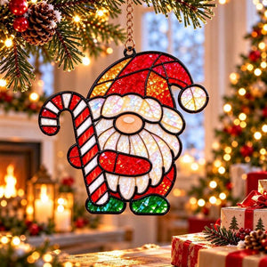 Christmas Gnome Stained Glass Style Acrylic Suncatcher, 12cm (4.72 Inch) Window & Tree Hanging Ornament, Christmas Holiday Decor & Gift