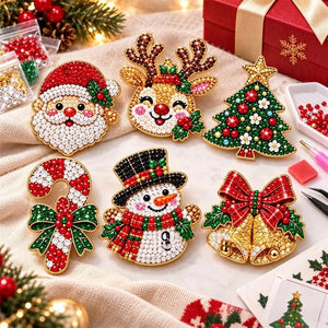 6Pcs DIY Christmas Diamond Art Brooch Kit, Handmade Rhinestone Pin Holiday Craft Gift