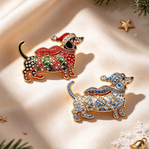 Christmas Dachshund Brooch, Enamel Rhinestone Sausage Dog Pin for Shawl, Coat and Scarf, Holiday Gift