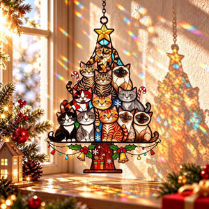 Cat Tree Suncatcher | Stained Glass Style Acrylic Christmas Window Decor for Cat Lovers