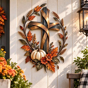Wrought Iron Harvest Cross Wall Art with Pumpkin Maple Leaves Wheat, Fall Faith Wall Decor for Porch Entryway, Religious Thanksgiving Home Decoration, Gift for Housewarming