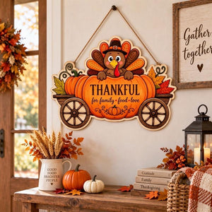 Fall Thanksgiving Wooden Door Hanger Sign, Farmhouse Harvest Pumpkin Cart Wall Hanging Decor for Front Porch Home Thanksgiving Party Decorations