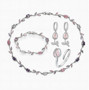 Dainty Pink & Purple Vine Cubic Zirconia Jewelry Set | 18K Gold Plated