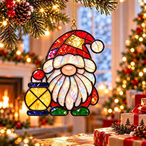 Christmas Gnome Stained Glass Style Acrylic Suncatcher, 12cm (4.72 Inch) Window & Tree Hanging Ornament, Christmas Holiday Decor & Gift