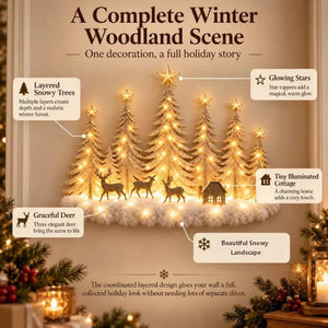 Warm LED Lighted Christmas Tree Forest Wall Hanging, Winter Snow Scene Wall Decor with Deer, Small House for Fireplace Mantel Holiday Decoration