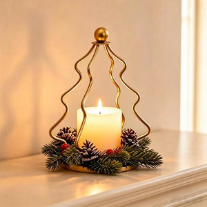 Gold Tree Shaped Metal Candle Holder with Pine & Berry Wreath, Christmas Table Centerpiece Decor