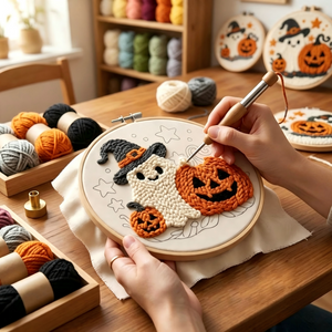 Punch Needle Embroidery Kit, Cute Ghost & Pumpkin Halloween DIY Craft Set for Beginner, Handmade Embroidery Hoop Wall Decor