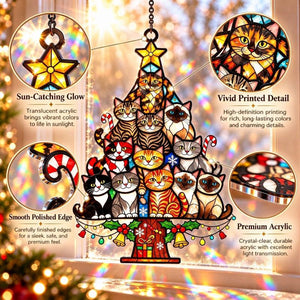 Cat Tree Suncatcher | Stained Glass Style Acrylic Christmas Window Decor for Cat Lovers